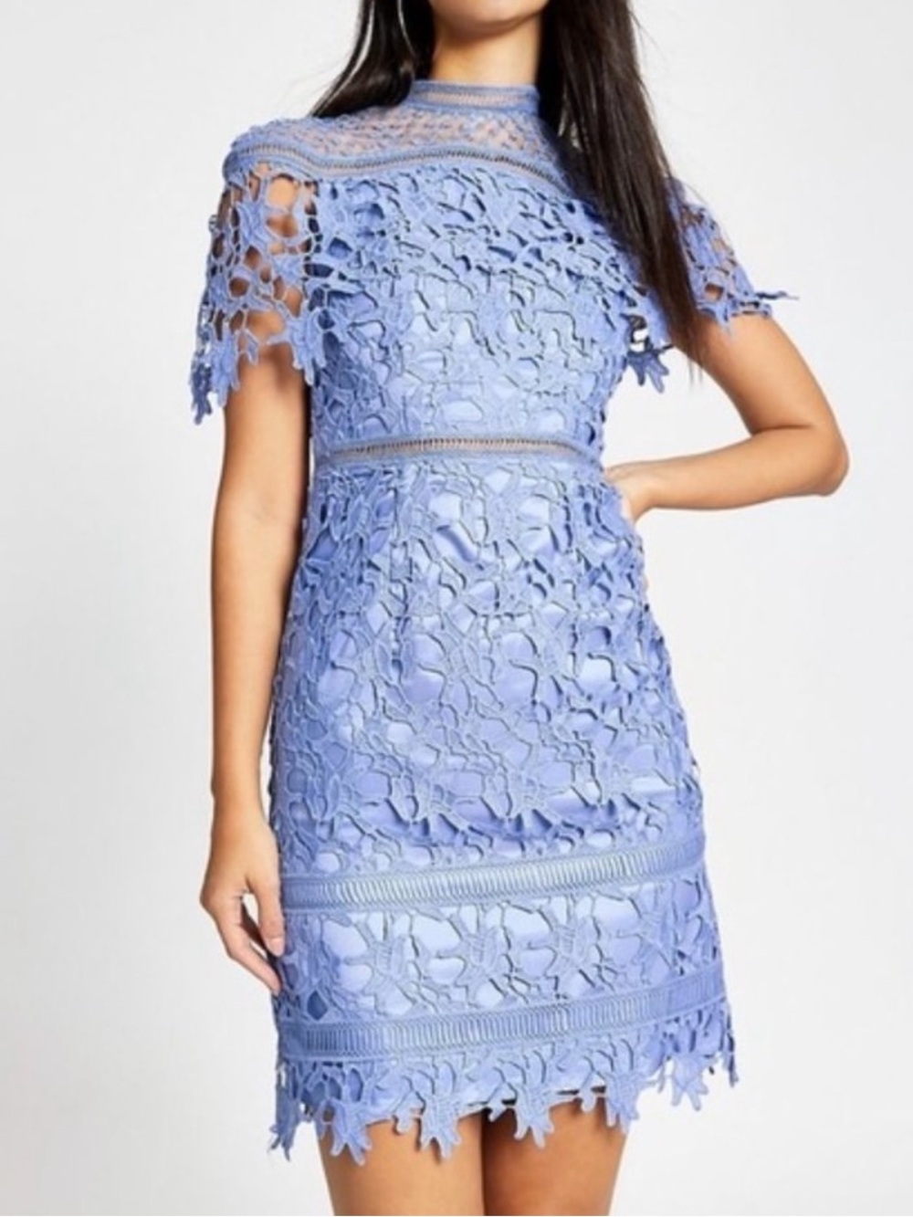 Chi Chi London Blue Floral Crochet Lace Overlay Dress Size 8